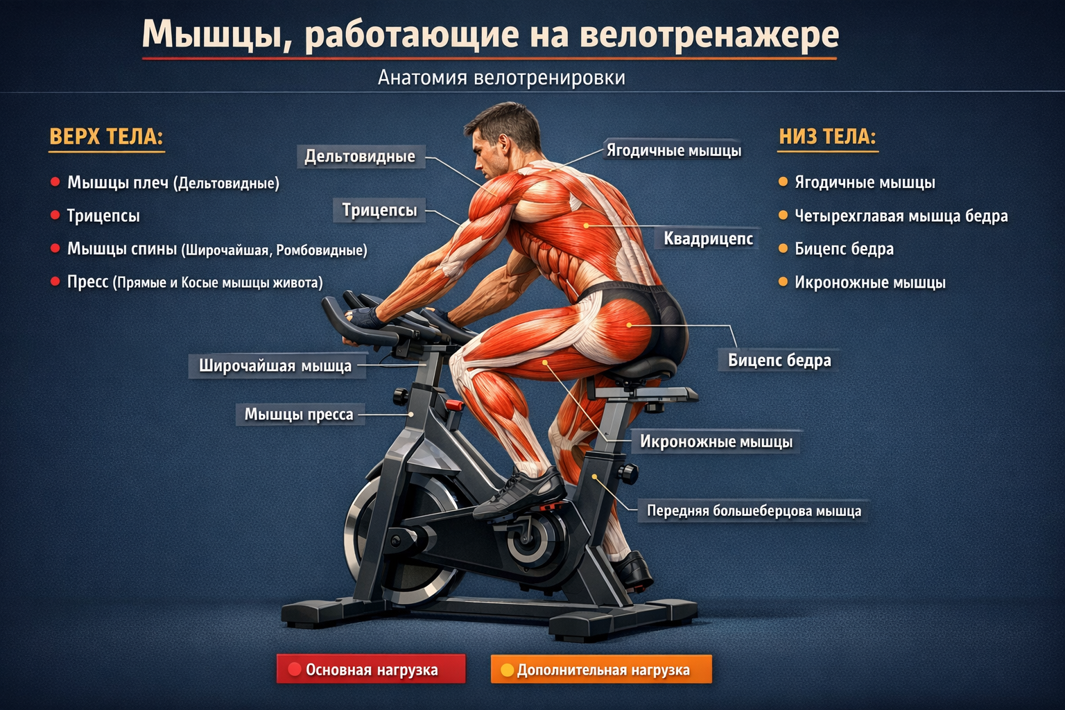 Какие мышцы работают на велотренажере — полная анатомия велотренировки (схемы, техника, планы)